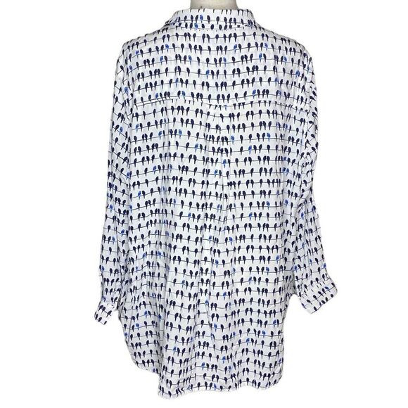 Jane & Delancey Wm’s Sz 2X White Blue Bird Print Roll Tab Sleeve Button Shirt - Picture 3 of 6